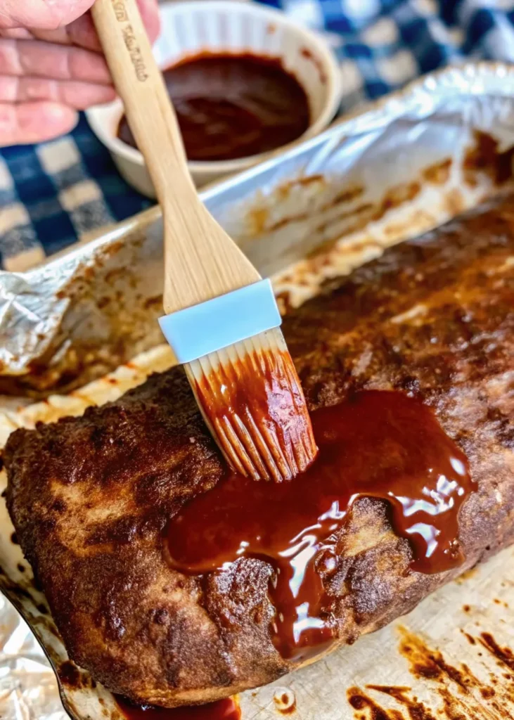 Ribs getting slathered with bbq sauce